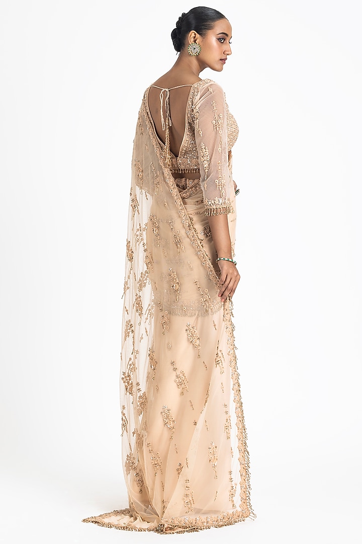 Nude Satin Beads Embroidered Drape Reception Saree Set by NITIKA GUJRAL at Pernia's Pop Up Shop