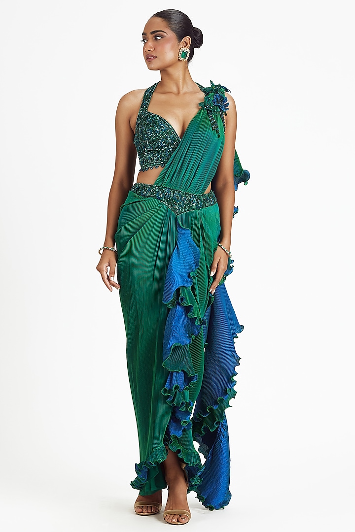 Green & Blue Pleated Polyester Lycra Floral Embroidered Drape Saree Set by NITIKA GUJRAL