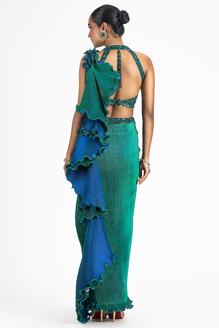 Green & Blue Pleated Polyester Lycra Floral Embroidered Drape Wedding Saree Set by NITIKA GUJRAL at Pernia's Pop Up Shop