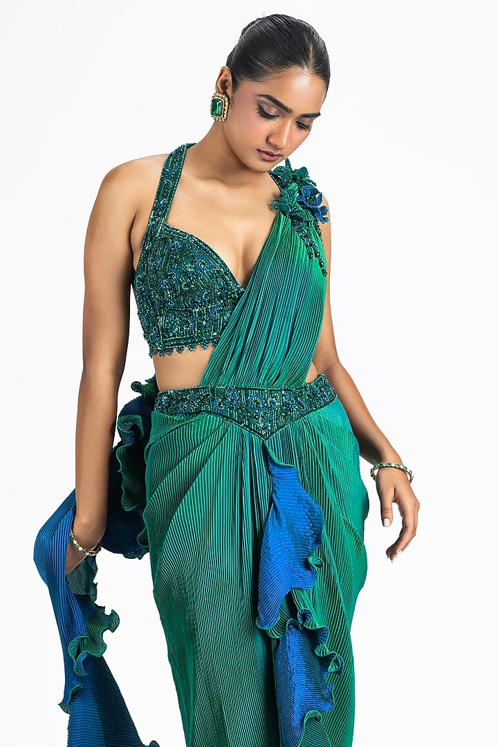 Green & Blue Pleated Polyester Lycra Floral Embroidered Drape Wedding Saree Set by NITIKA GUJRAL at Pernia's Pop Up Shop