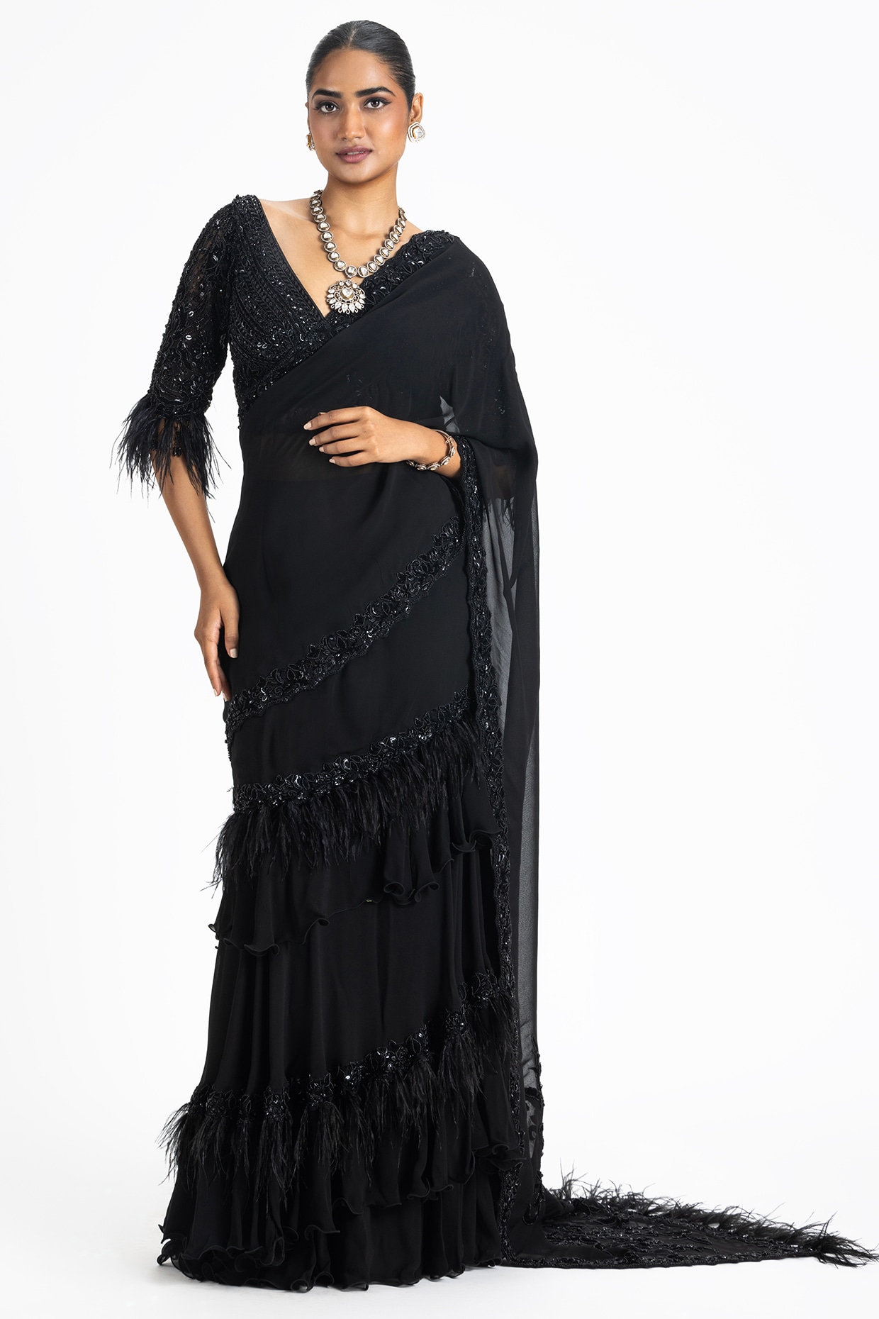 Black Color Sequins Work Georgette Frill Saree for Cocktail at Rs 6385.00 |  Sequins Work Saree | ID: 2851941526388