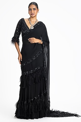 Buy Pleated Black Saree N Belt Style Blouse Festive Wear Online at