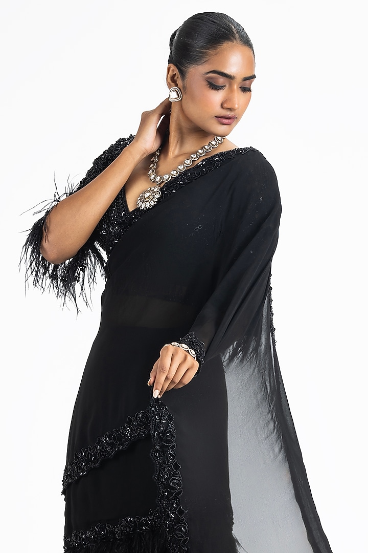 Black Georgette Draped Tiered Reception Lehenga Saree Set by NITIKA GUJRAL at Pernia's Pop Up Shop