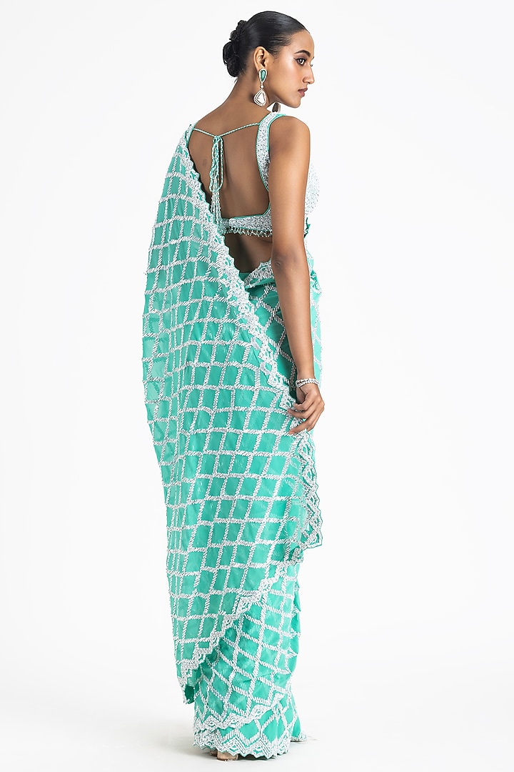 Sea Green Georgette Sequins & Beads Embroidered Reception Saree Set by NITIKA GUJRAL at Pernia's Pop Up Shop
