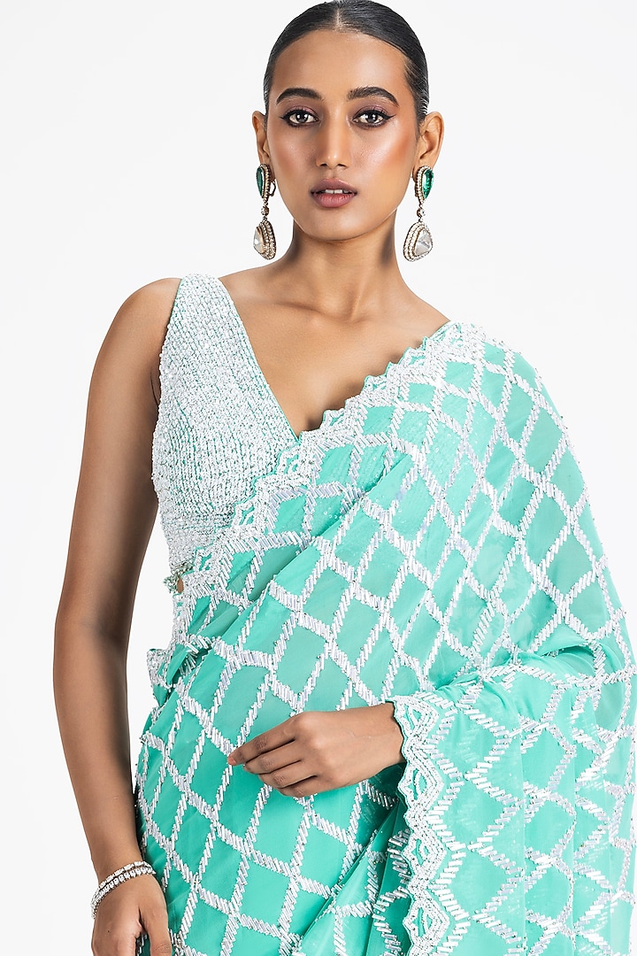 Sea Green Georgette Sequins & Beads Embroidered Reception Saree Set by NITIKA GUJRAL at Pernia's Pop Up Shop