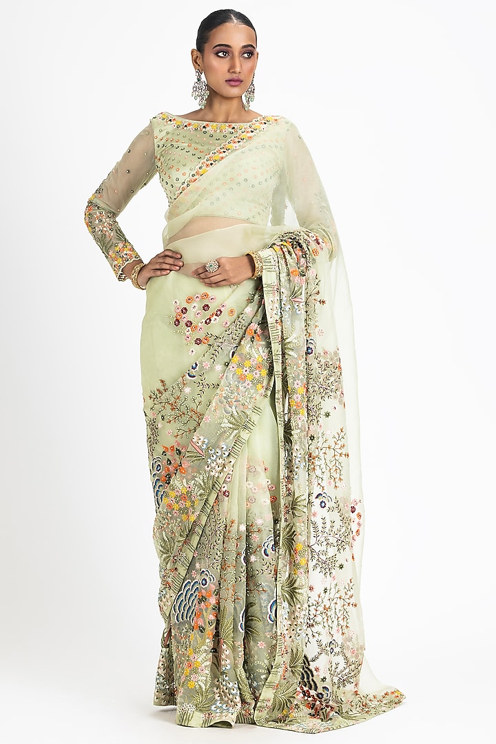 Olive Green Organza Resham & Beads Embroidered Saree Set by NITIKA GUJRAL