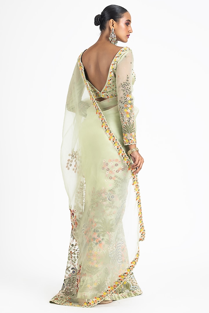 Olive Green Organza Resham & Beads Embroidered Reception Saree Set by NITIKA GUJRAL at Pernia's Pop Up Shop