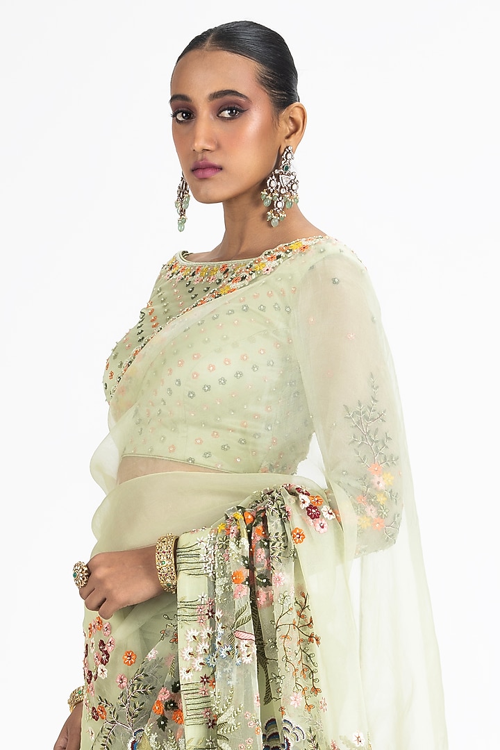 Olive Green Organza Resham & Beads Embroidered Reception Saree Set by NITIKA GUJRAL at Pernia's Pop Up Shop