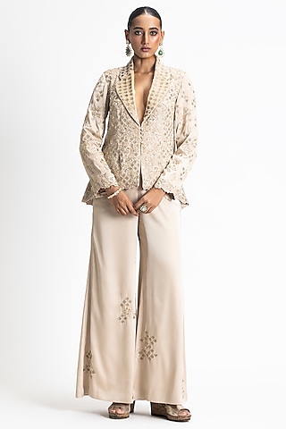 Gold Modal Satin Zari & Dabka Embroidered Jacket Set by NITIKA GUJRAL
