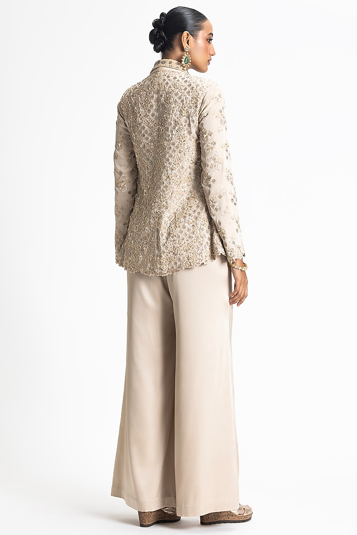Gold Modal Satin Zari & Dabka Embroidered Jacket Set by NITIKA GUJRAL at Pernia's Pop Up Shop