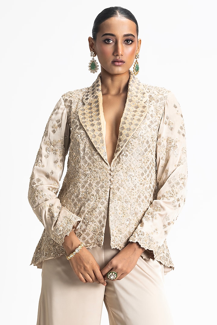 Gold Modal Satin Zari & Dabka Embroidered Jacket Set by NITIKA GUJRAL at Pernia's Pop Up Shop