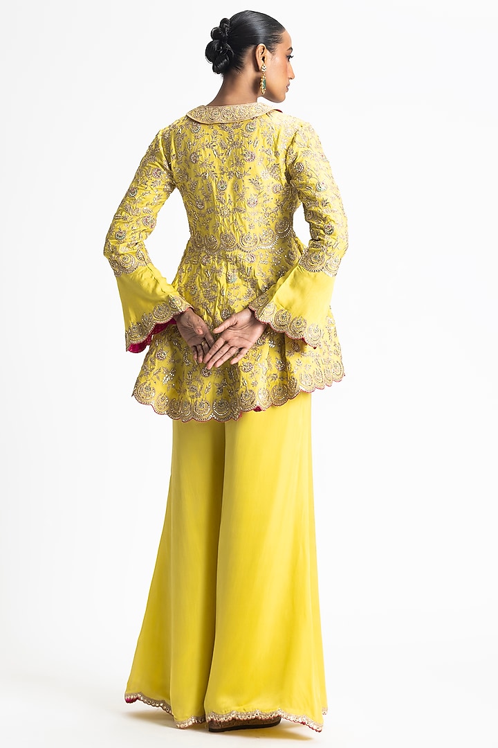 Mehendi Green Raw Silk Gota Peplum Jacket Set by NITIKA GUJRAL at Pernia's Pop Up Shop