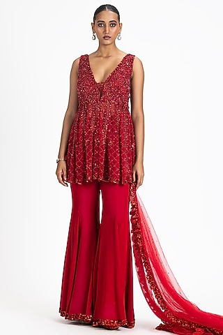 Red Georgette Crystal Embroidered Bell-Bottom Sharara Set by NITIKA GUJRAL