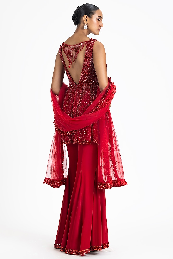 Red Georgette Crystal Embroidered Bell-Bottom Wedding Sharara Set by NITIKA GUJRAL at Pernia's Pop Up Shop