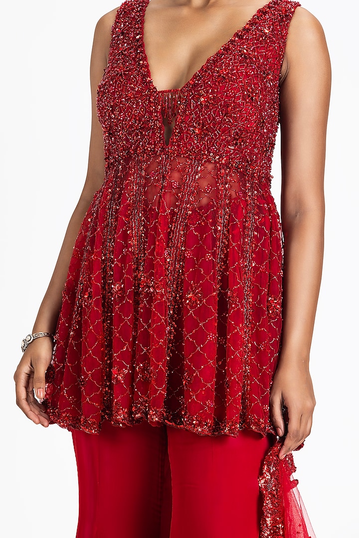 Red Georgette Crystal Embroidered Bell-Bottom Wedding Sharara Set by NITIKA GUJRAL at Pernia's Pop Up Shop