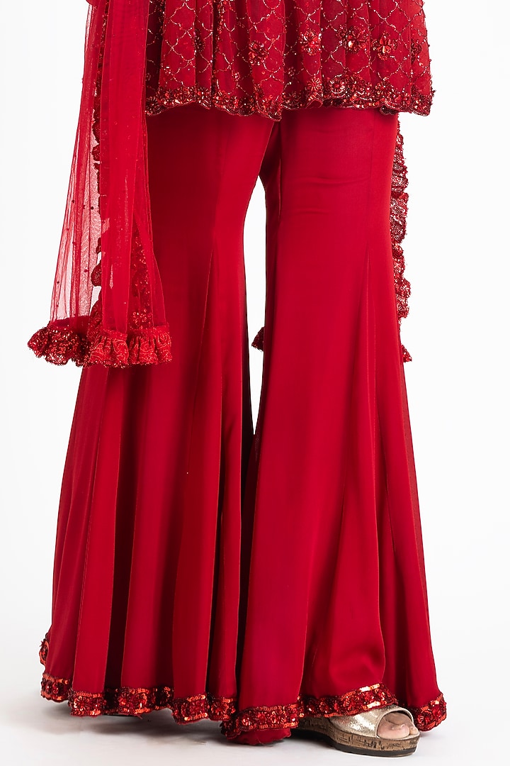 Red Georgette Crystal Embroidered Bell-Bottom Wedding Sharara Set by NITIKA GUJRAL at Pernia's Pop Up Shop