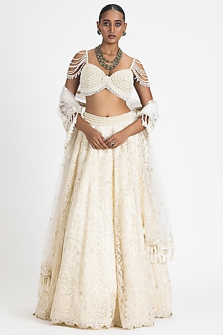 Off-White Net & Satin Resham Embroidered Lehenga Set by NITIKA GUJRAL