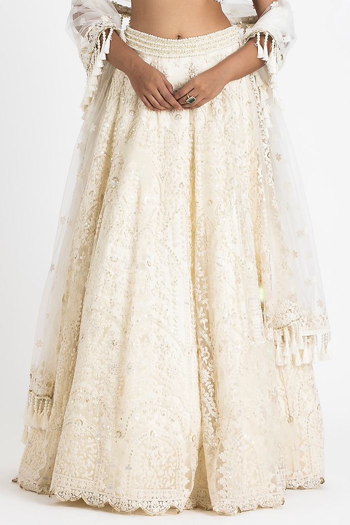 Off-White Net & Satin Resham Embroidered Wedding Lehenga Set by NITIKA GUJRAL at Pernia's Pop Up Shop