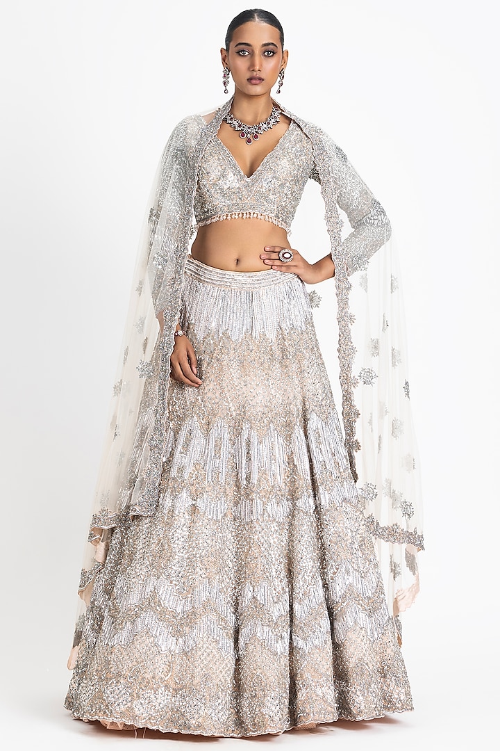Blush Pink Net Sequins & Beads Embroidered Lehenga Set by NITIKA GUJRAL