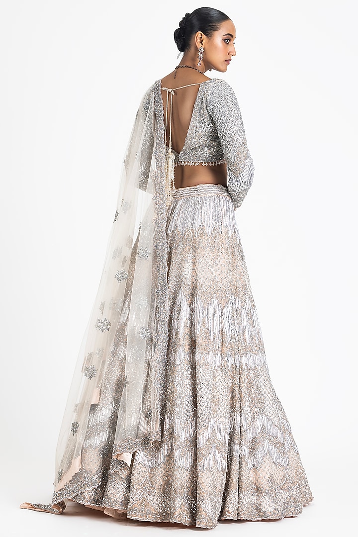 Blush Pink Net Sequins & Beads Embroidered Bridal Lehenga Set by NITIKA GUJRAL at Pernia's Pop Up Shop