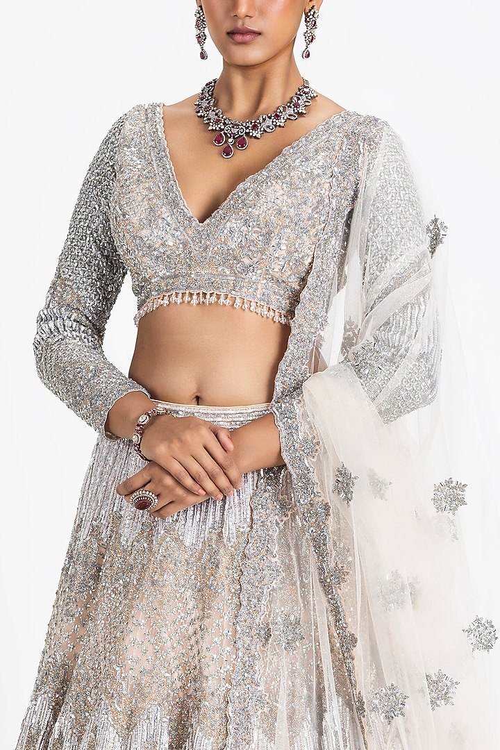 Blush Pink Net Sequins & Beads Embroidered Bridal Lehenga Set by NITIKA GUJRAL at Pernia's Pop Up Shop