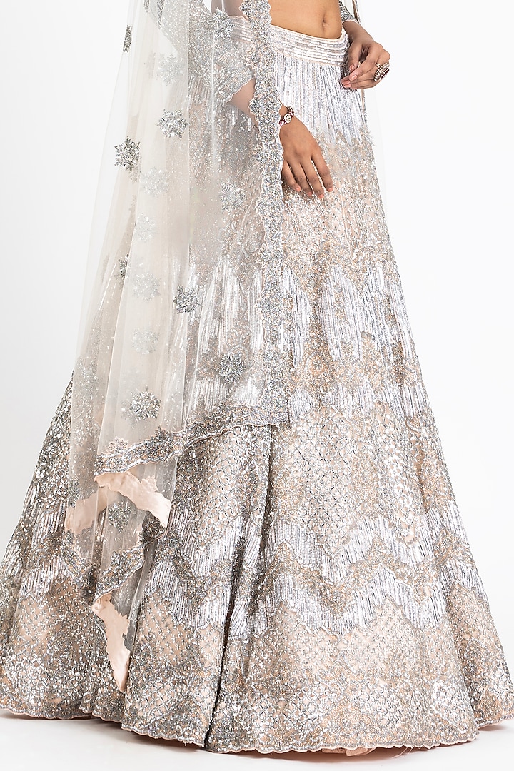 Blush Pink Net Sequins & Beads Embroidered Bridal Lehenga Set by NITIKA GUJRAL at Pernia's Pop Up Shop