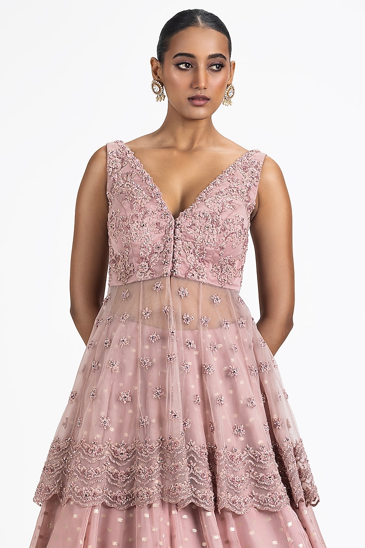 Old Rose Net & Organza Sequins Embroidered Wedding Lehenga Set by NITIKA GUJRAL at Pernia's Pop Up Shop