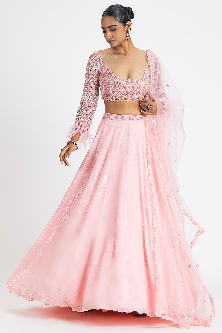 Baby Pink Georgette Embroidered Lehenga Set by NITIKA GUJRAL