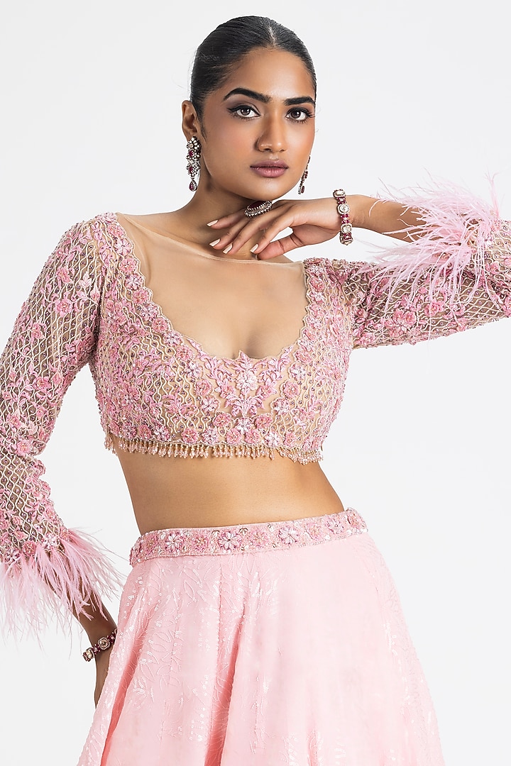 Baby Pink Georgette Embroidered Wedding Lehenga Set by NITIKA GUJRAL at Pernia's Pop Up Shop