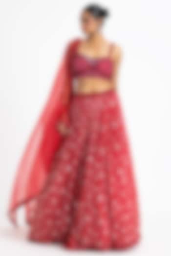 Red Georgette Sequin Embroidered Lehenga Set by NITIKA GUJRAL