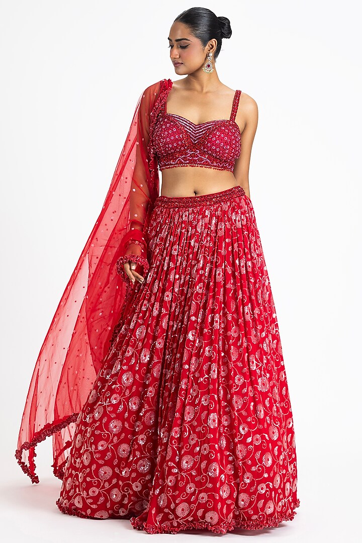 Red Georgette Sequin Embroidered Lehenga Set by NITIKA GUJRAL
