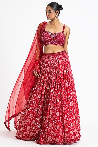 Red Georgette Sequin Embroidered Lehenga Set by NITIKA GUJRAL