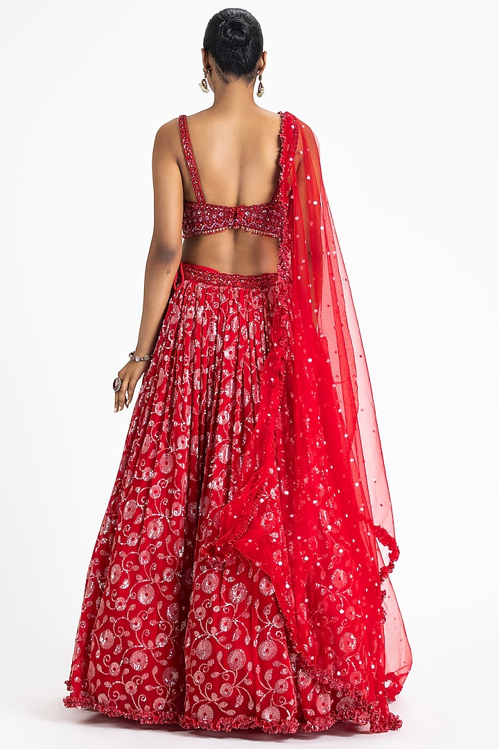 Red Georgette Sequin Embroidered Wedding Lehenga Set by NITIKA GUJRAL at Pernia's Pop Up Shop