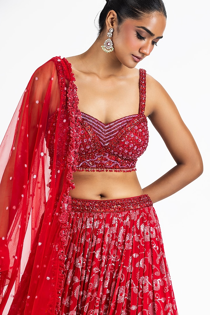 Red Georgette Sequin Embroidered Wedding Lehenga Set by NITIKA GUJRAL at Pernia's Pop Up Shop