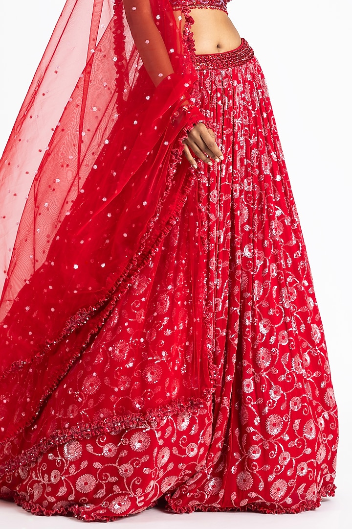 Red Georgette Sequin Embroidered Wedding Lehenga Set by NITIKA GUJRAL at Pernia's Pop Up Shop
