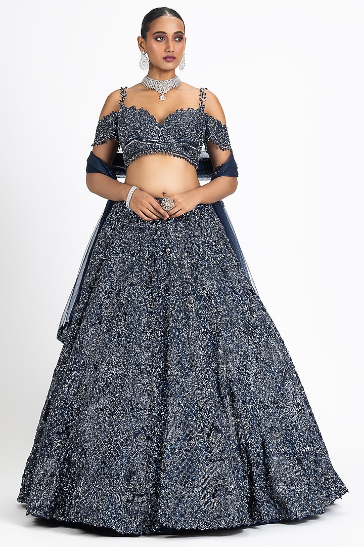 Navy Blue Net Sequins & Crystal Embroidered Flared Lehenga Set by NITIKA GUJRAL