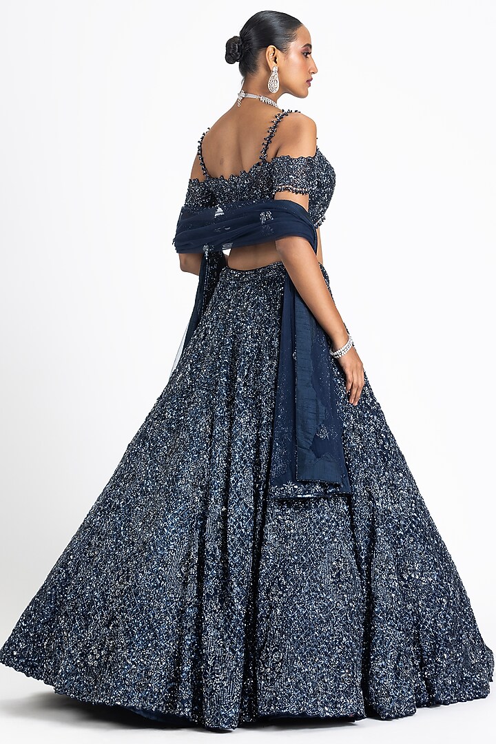 Navy Blue Net Sequins & Crystal Embroidered Flared Bridal Lehenga Set by NITIKA GUJRAL at Pernia's Pop Up Shop