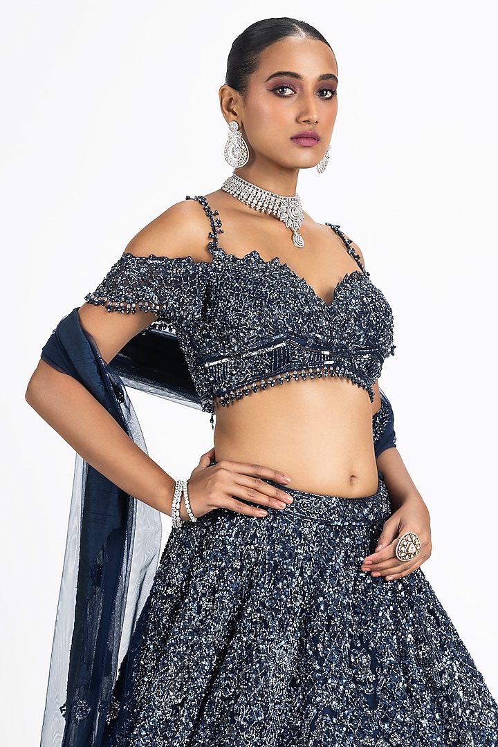 Navy Blue Net Sequins & Crystal Embroidered Flared Bridal Lehenga Set by NITIKA GUJRAL at Pernia's Pop Up Shop