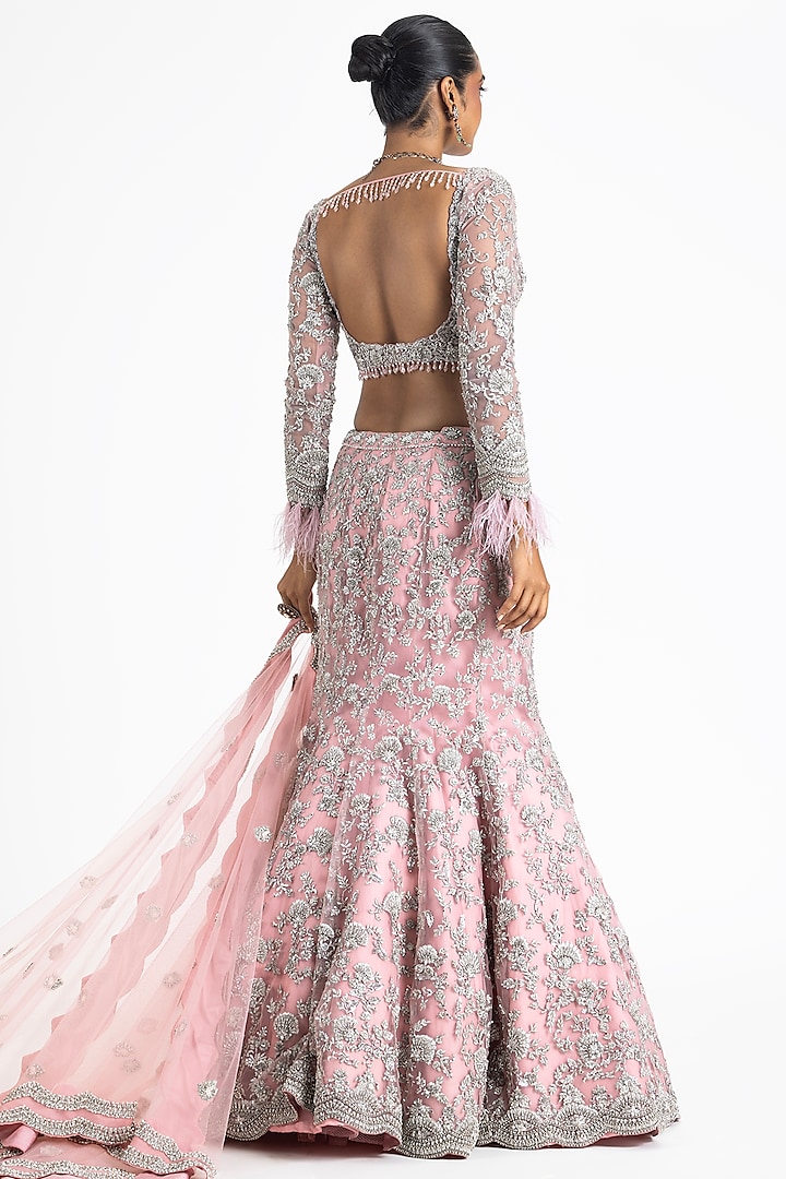 Pink Net & Satin Zari & Sequins Embroidered Fishtail Bridal Lehenga Set by NITIKA GUJRAL at Pernia's Pop Up Shop