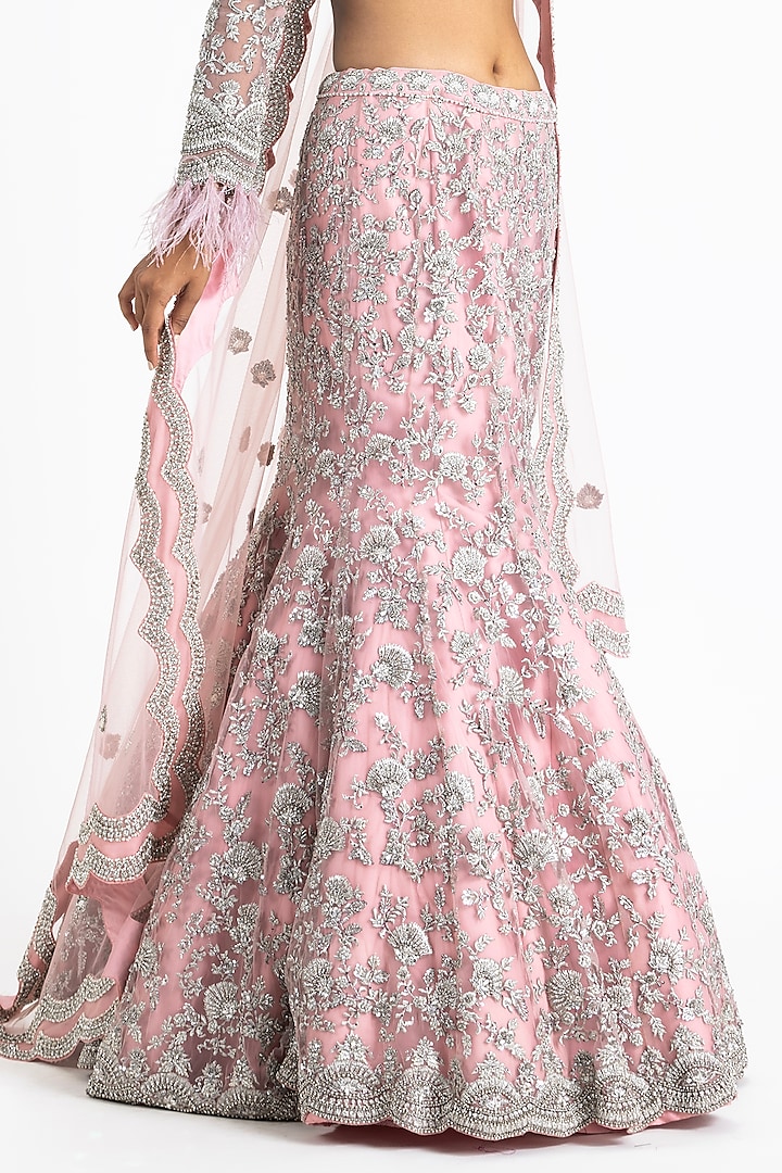 Pink Net & Satin Zari & Sequins Embroidered Fishtail Bridal Lehenga Set by NITIKA GUJRAL at Pernia's Pop Up Shop