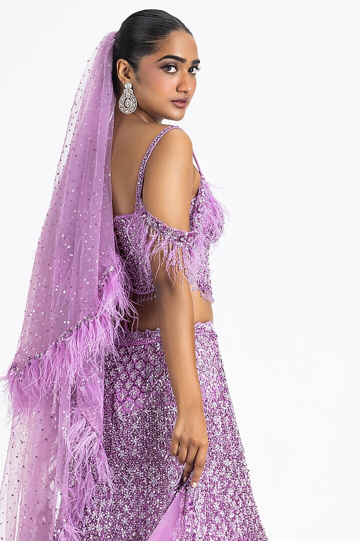 Lavender Net & Satin Beads Embroidered Fishtail Bridal Lehenga Set by NITIKA GUJRAL at Pernia's Pop Up Shop