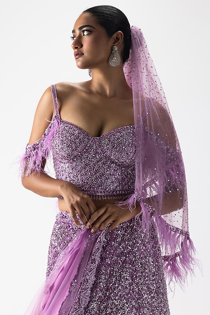 Lavender Net & Satin Beads Embroidered Fishtail Bridal Lehenga Set by NITIKA GUJRAL at Pernia's Pop Up Shop