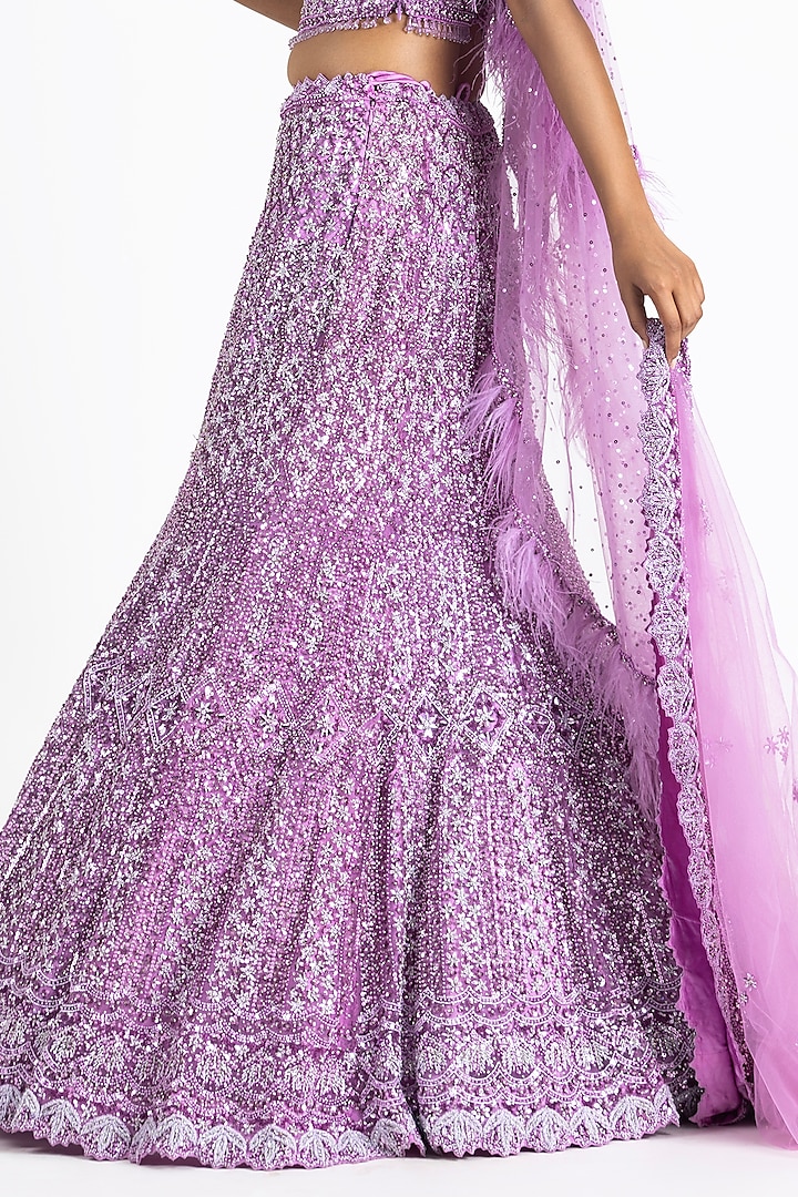 Lavender Net & Satin Beads Embroidered Fishtail Bridal Lehenga Set by NITIKA GUJRAL at Pernia's Pop Up Shop