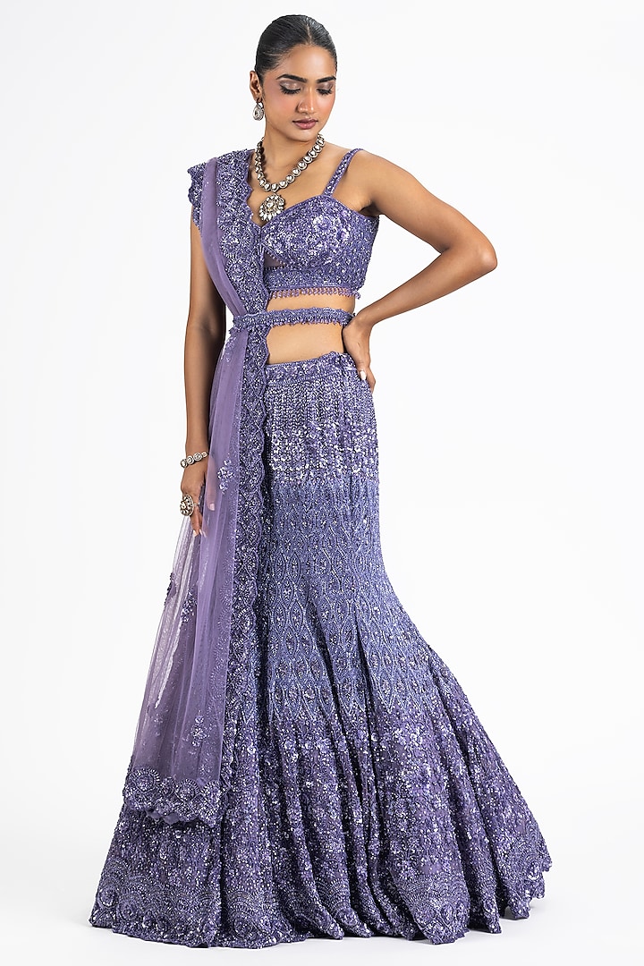 Lilac Net & Satin Sequins Embroidered Fishtail Lehenga Set by NITIKA GUJRAL