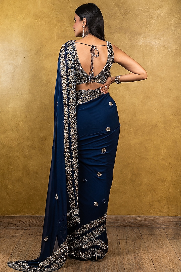Midnight Blue Georgette Zardosi Embroidered Reception Saree Set by NITIKA GUJRAL at Pernia's Pop Up Shop