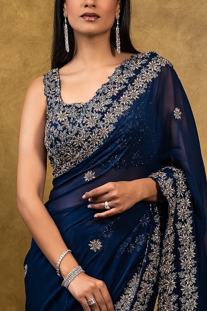 Midnight Blue Georgette Zardosi Embroidered Reception Saree Set by NITIKA GUJRAL at Pernia's Pop Up Shop