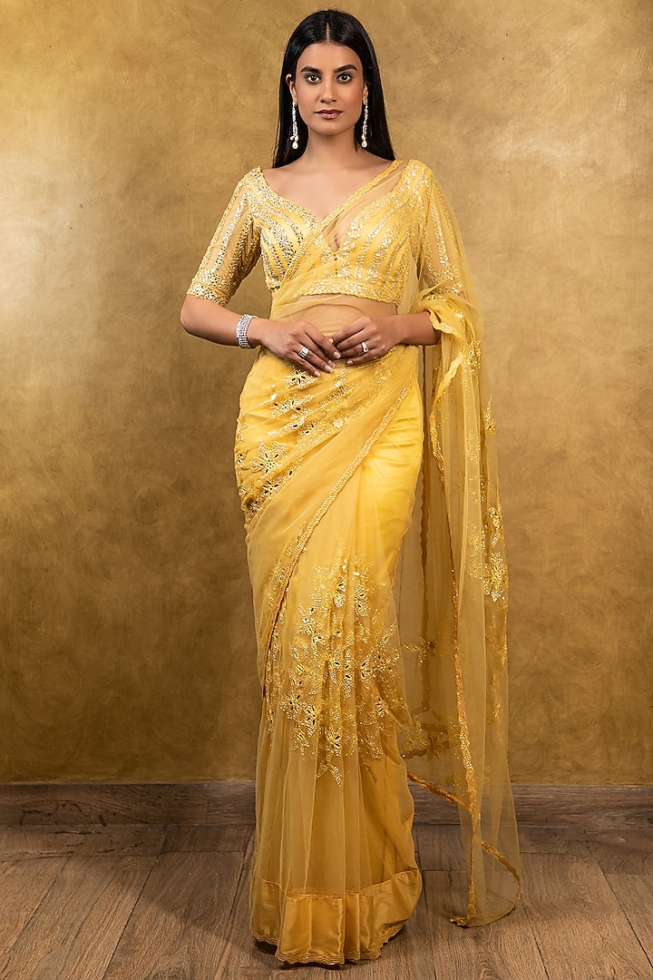 Sunburst Yellow Net Mirror Embroidered Reception Saree Set by NITIKA GUJRAL at Pernia's Pop Up Shop