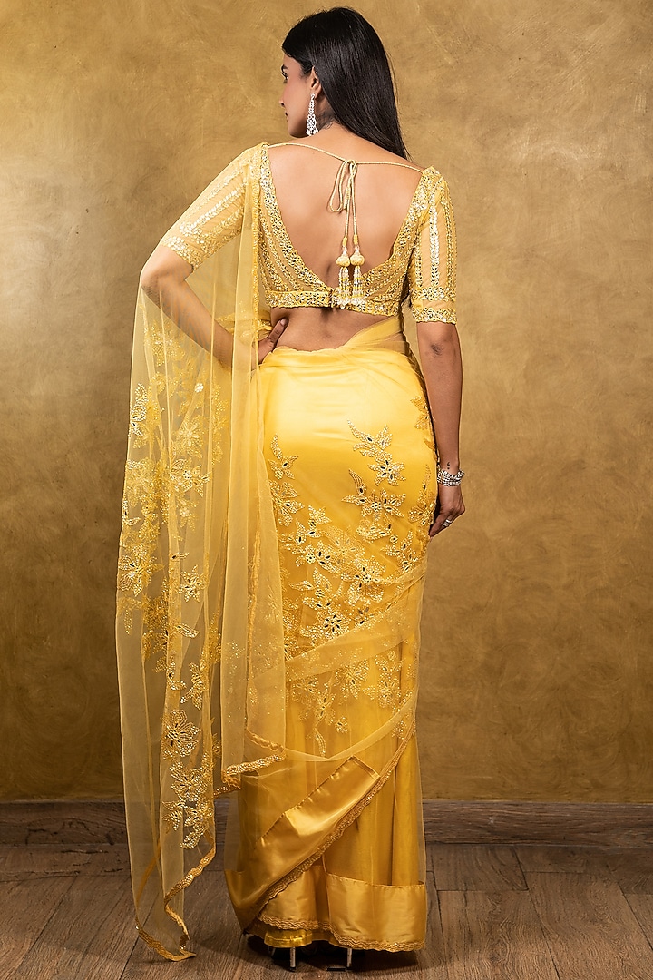 Sunburst Yellow Net Mirror Embroidered Reception Saree Set by NITIKA GUJRAL at Pernia's Pop Up Shop