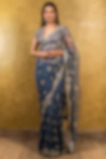Slate Blue Net Patra Embroidered Wedding Saree Set by NITIKA GUJRAL at Pernia's Pop Up Shop