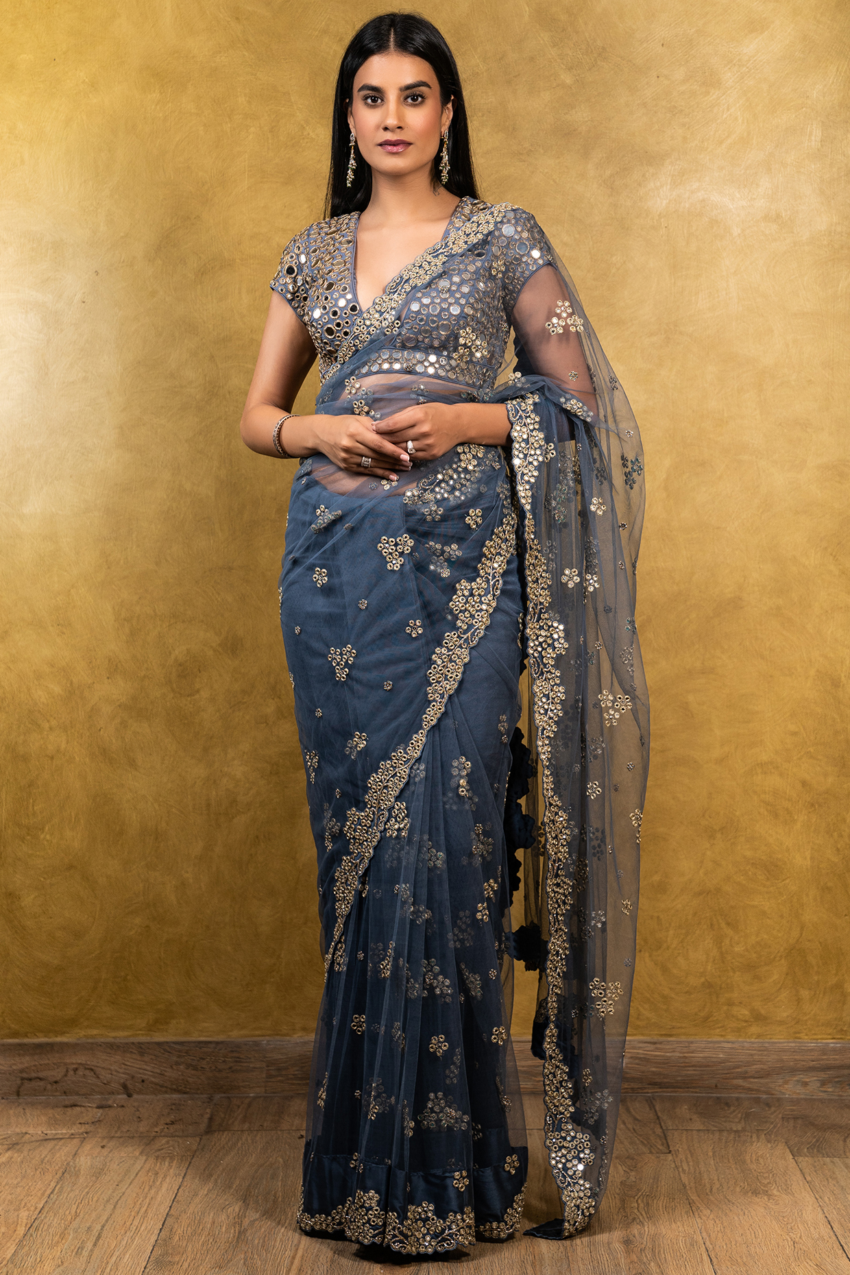 Slate Blue Net Patra Embroidered Wedding Saree Set by NITIKA GUJRAL at Pernia's Pop Up Shop
